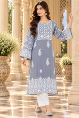 Grey Kashmiri Kashidakari Georgette Kurti – Elegant Ethnic Wear CraftKashmir