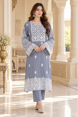 Grey Kashmiri Kashidakari Georgette Kurti – Elegant Ethnic Wear CraftKashmir
