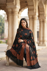 Black Kashmiri Jamawar Wool Shawl with Traditional Motifs CraftKashmir