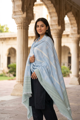 Blue Kashmiri Semi Pashmina Wool Shawl with Traditional Motifs CraftKashmir