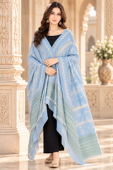 Blue Kashmiri Semi Pashmina Wool Shawl with Traditional Motifs CraftKashmir