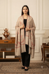 Beige Kashmiri Semi-Pashmina Shawl with Machine Sozni Work CraftKashmir