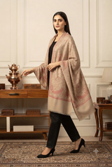 Beige Kashmiri Semi-Pashmina Shawl with Machine Sozni Work CraftKashmir