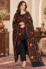 Black Kashmiri wool shawl with traditional Aari work