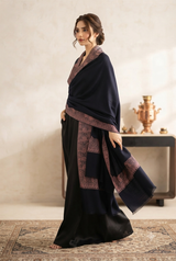 Side view of the black Kashmiri wool shawl