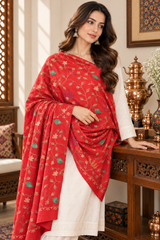 Red Aari work wool shawl from Craft Kashmir
