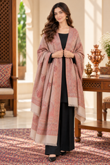 Brown Kashmiri Jamawar wool shawl featuring running pastel embroidery