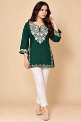 Green woollen kurti with colourful Aari embroidery