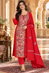 Red Kashmiri unstitched woollen suit fabric for women