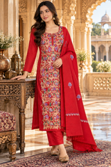 Red woollen suit material for stitching a Kashmiri ethnic outfit