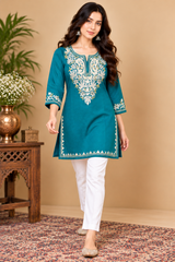 Turquoise blue Kashmiri kurti with cream floral embroidery on neckline, sleeves and hem