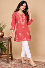 Coral Pink Kashmiri Kurti with Floral Embroidery CraftKashmir
