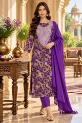 Purple Kashmiri suit material displayed from the front