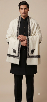Off-White & Black Embroidered Men's Wedding Shawl CraftKashmir