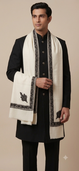 Off-White & Black Embroidered Men's Wedding Shawl CraftKashmir