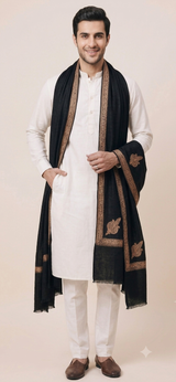 Classic Jet Black Embroidered Border Men’s Shawl CraftKashmir