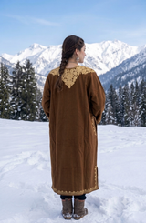 Rich Brown Kashmiri Woolen Pheran with Golden Aari Embroidery (Front & Back Neck Design) CraftKashmir