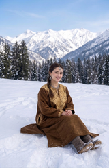 Rich Brown Kashmiri Woolen Pheran with Golden Aari Embroidery (Front & Back Neck Design) CraftKashmir
