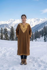 Rich Brown Kashmiri Woolen Pheran with Golden Aari Embroidery (Front & Back Neck Design) CraftKashmir