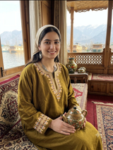 Olive Green Kashmiri Pheran with Mix Aari & Tilla Embroidery CraftKashmir