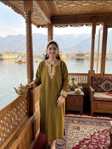 Olive Green Kashmiri Pheran with Mix Aari & Tilla Embroidery CraftKashmir