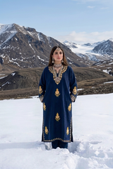 Navy Blue Kashmiri Woolen Pheran with Golden Aari Embroidery & Booti Work CraftKashmir