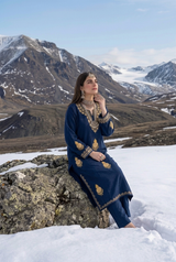Navy Blue Kashmiri Woolen Pheran with Golden Aari Embroidery & Booti Work CraftKashmir