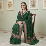Emerald Green Kashmiri Woolen Stole with Floral Aari Hashia Border & Booti Work CraftKashmir