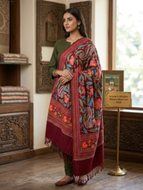 Maroon Kashmiri Woolen Stole with Traditional Paisley (Kalka) & Floral Aari Work CraftKashmir