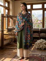 Multi-Color Kashmiri Woolen Stole with Geometric Check Print & Fine Aari Embroidery CraftKashmir
