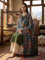 Multi-Color Kashmiri Woolen Stole with Geometric Check Print & Fine Aari Embroidery CraftKashmir