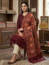 Maroon Kashmiri Woolen Stole with Autumn Chinar Leaf Aari Embroidery CraftKashmir