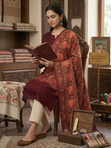 Maroon Kashmiri Woolen Stole with Autumn Chinar Leaf Aari Embroidery CraftKashmir