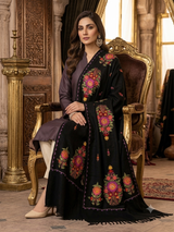 Jet Black Kashmiri Woolen Stole with Vibrant Floral Bouquet (Gul-Dasta) Aari Embroidery CraftKashmir