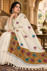 Cream Embroidered Cashmere Shawl with Multicolor Paisley & Floral Border CraftKashmir