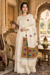 Cream Embroidered Cashmere Shawl with Multicolor Paisley & Floral Border CraftKashmir