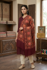 Maroon Kashmiri Woolen Stole with Autumn Chinar Leaf Aari Embroidery CraftKashmir