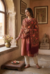 Deep Wine Maroon Kashmiri Woolen Stole with Dense Floral Jaal Aari Embroidery CraftKashmir