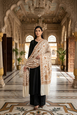 Premium White wool Shawl with All-Over Copper Aari Floral Jaal Embroidery CraftKashmir