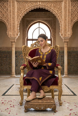 Woman seated on a royal golden chair reading a book, dressed in a maroon Kashmiri floral embroidered phiran.