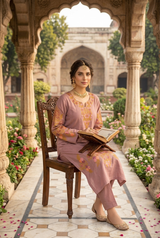 Female model seated on a carved wooden chair reading a book, dressed in a pastel mauve Kashmiri embroidered woolen phiran.