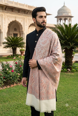 Men's dusty rose Kashmiri embroidered wedding shawl with intricate all-over floral jaal and ivory fringe borders.