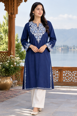 Blue Cotton Kashmiri Aari Work Kurti CraftKashmir