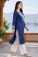 Blue Cotton Kashmiri Aari Work Kurti CraftKashmir