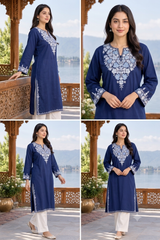 Blue Cotton Kashmiri Aari Work Kurti CraftKashmir