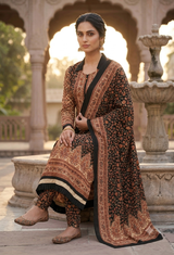 A woman models a traditional South Asian salwar kameez set in a stone courtyard with arches and a fountain. The outfit features a black base with intricate brown and gold floral patterns, a matching dupatta, and patterned pants.
