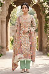 A woman stands in a stone archway courtyard wearing a traditional embroidered salwar kameez suit. The outfit features a beige kurta heavily decorated with multicolor floral and geometric patterns, paired with sage green pants and a matching patterned dupatta.