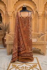 Classic Camel & Brown Printed Woolen Unstitched Suit with Matching Stole CraftKashmir