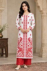 White Kashmiri Woollen Salwar Kameez with Red Embroidery CraftKashmir