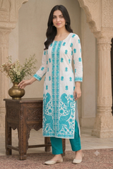 White Kashmiri Woollen Salwar Kameez with Teal Embroidery CraftKashmir